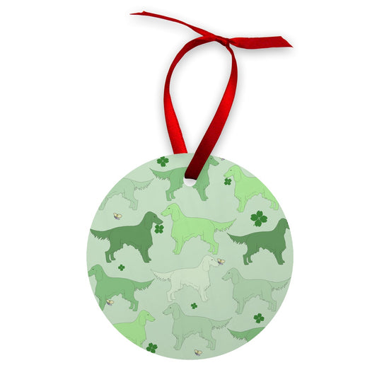 Wood Christmas decoration with The Irish Setter edition of the Rainbow Dogs design series by Figg-Arnold Fine Arts. This edition has been designed with a subtle St Patricks Day theme and features cute shamrocks on a funky, green palette. 