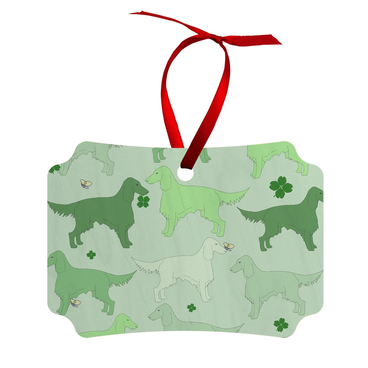 Wood Christmas decoration with The Irish Setter edition of the Rainbow Dogs design series by Figg-Arnold Fine Arts. This edition has been designed with a subtle St Patricks Day theme and features cute shamrocks on a funky, green palette. 