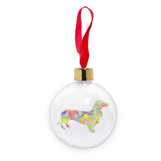 Rainbow Splash Sausage Dog Transparent Christmas bauble