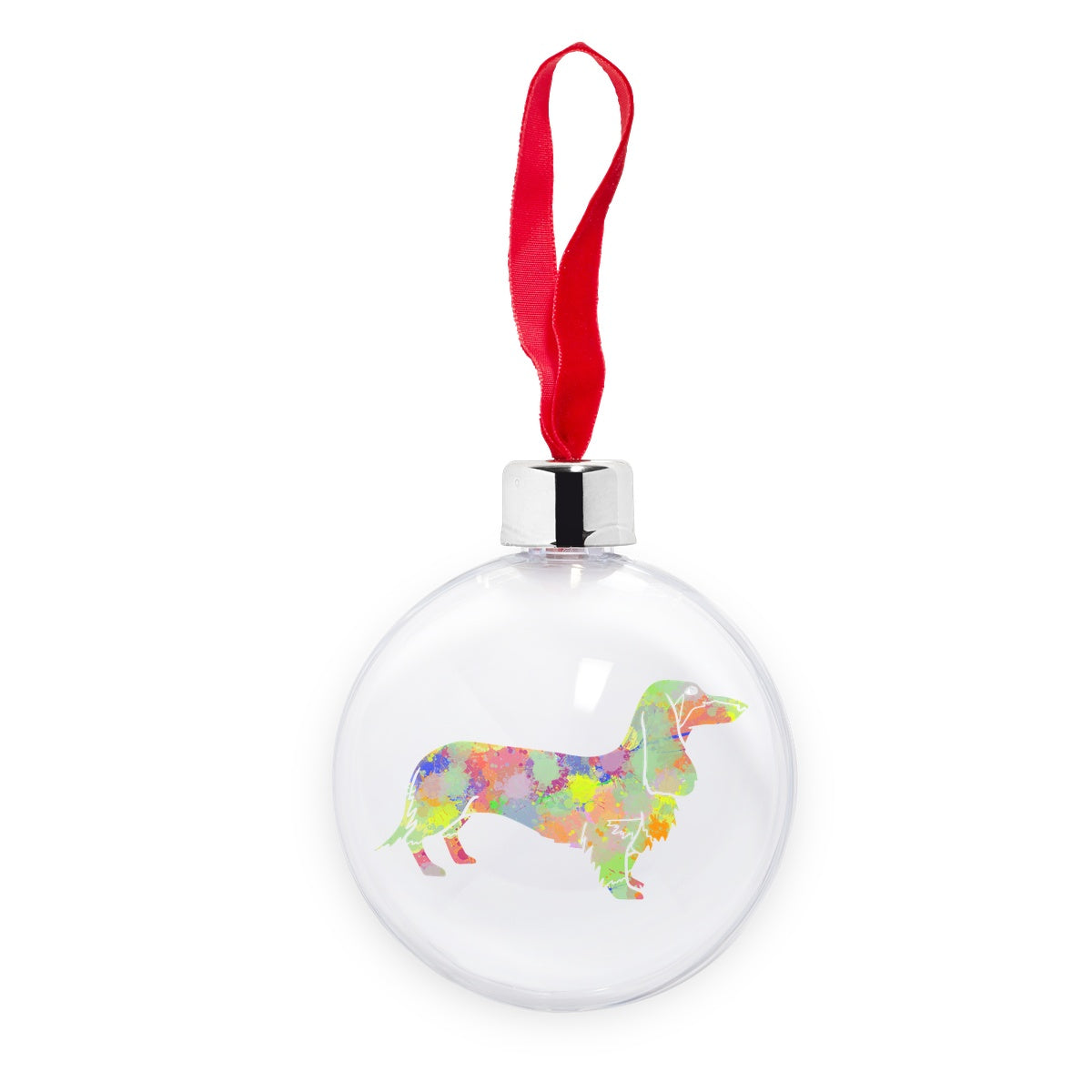 Rainbow Splash Sausage Dog Transparent Christmas bauble