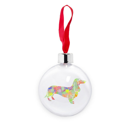 Rainbow Splash Sausage Dog Transparent Christmas bauble