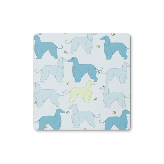 coasters – great for displaying on coffee tables as well as protecting surfaces from water marks. Afghan Hound in beautiful sea breeze palette, part of the Rainbow Dogs design range by Figg-Arnold Fine Arts.