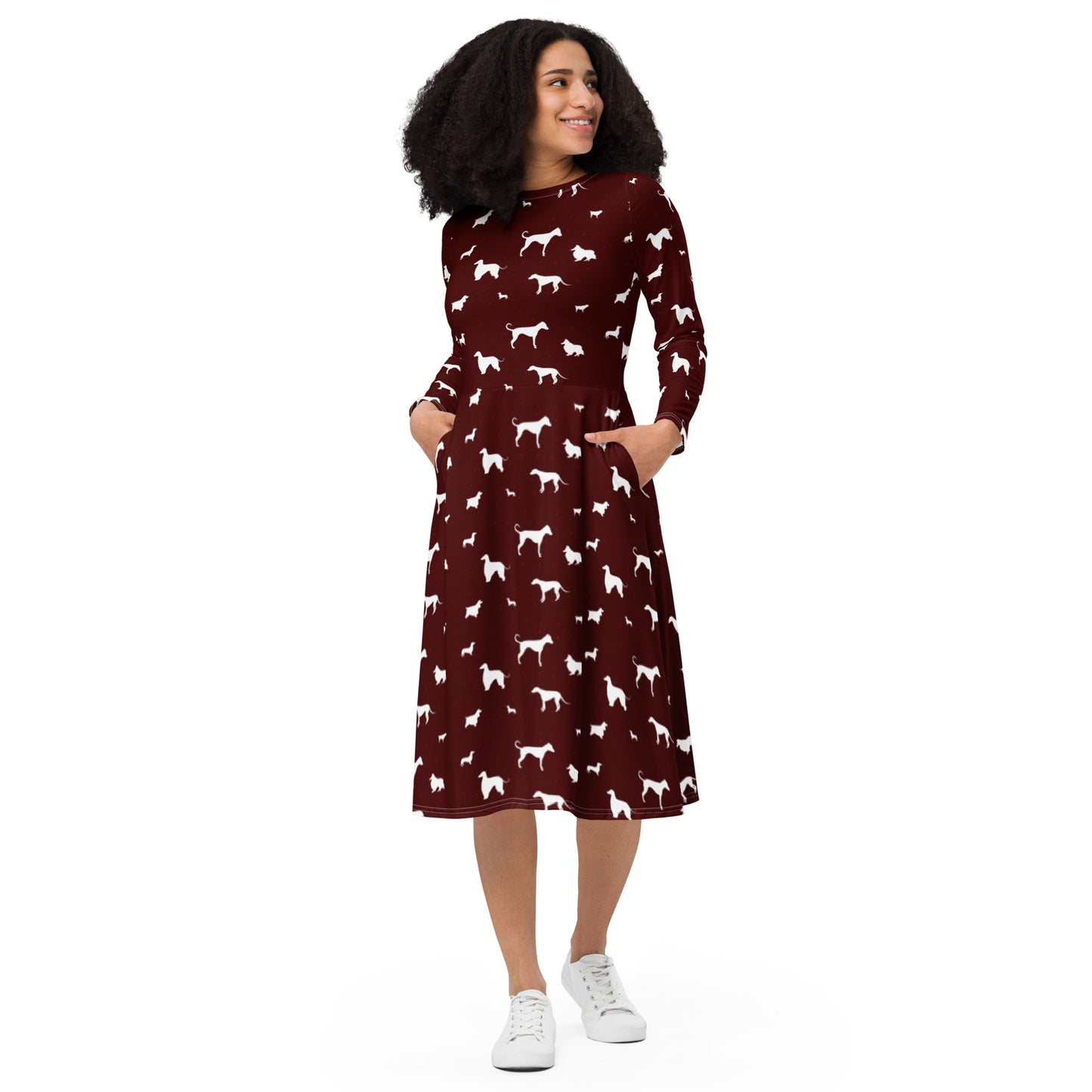 Polkadogs Burgundy long sleeve midi dress