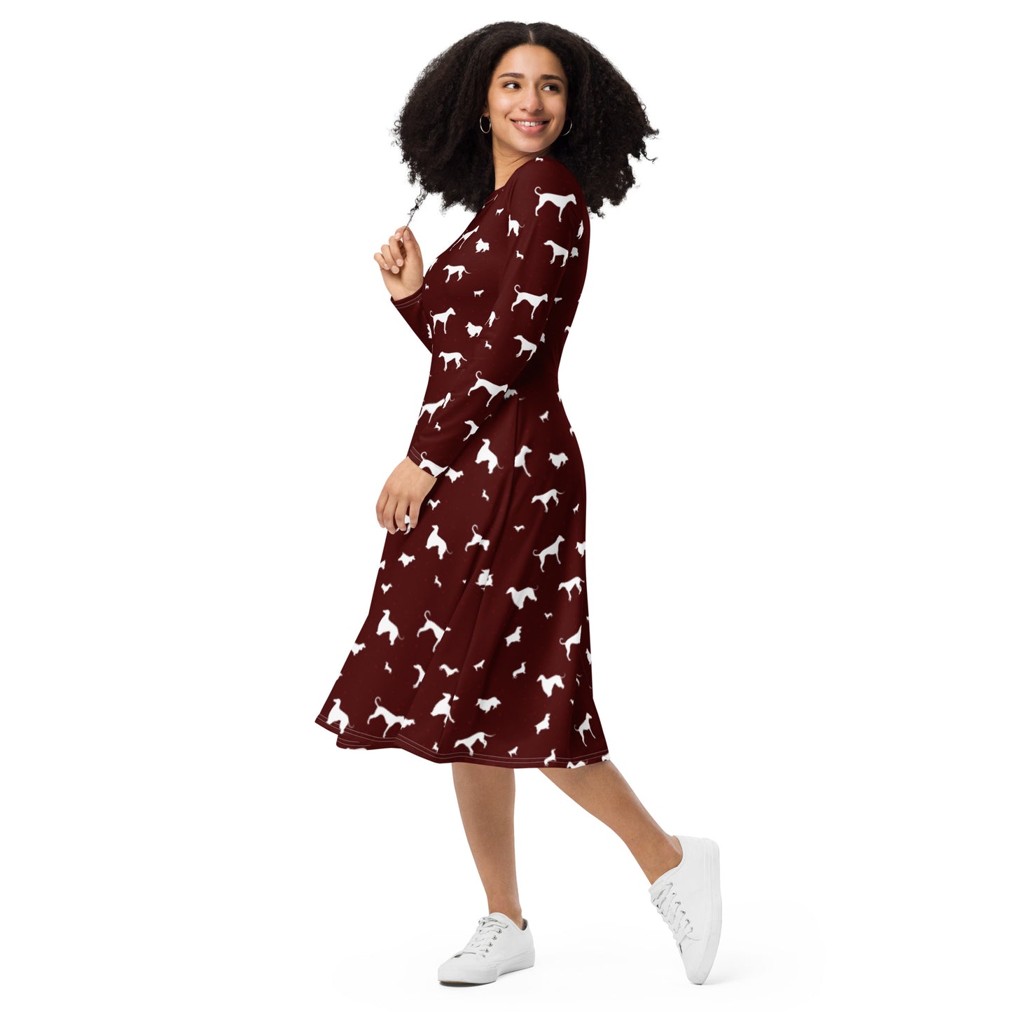 Polkadogs Burgundy long sleeve midi dress