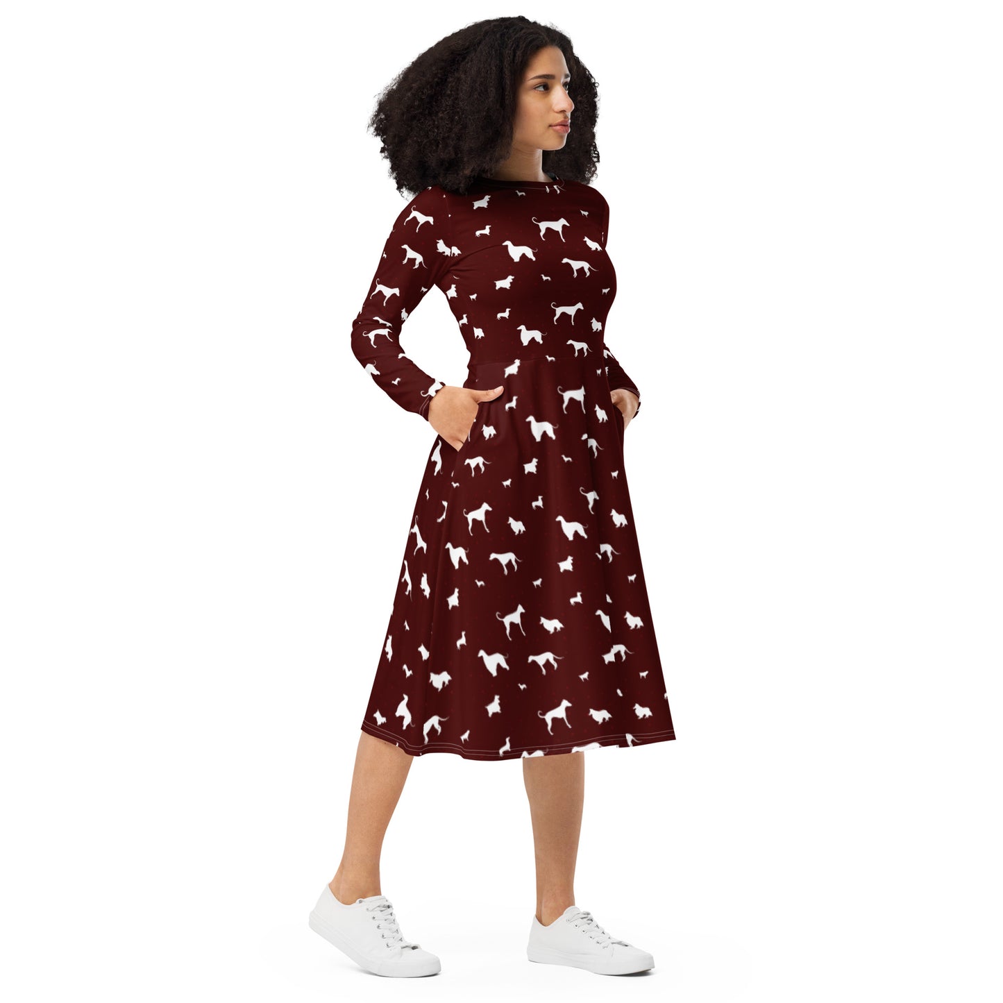 Polkadogs Burgundy long sleeve midi dress