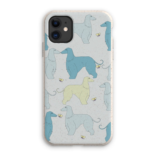 A beautifully designed, eco-friendly, protective phone case. Afghan Hound in beautiful sea breeze palette, part of the Rainbow Dogs design range by Figg-Arnold Fine Arts.  Composed of a flexible yet tough 100% biodegradable bioplastic and bamboo fibre mix, which is 5-feet drop tested for shock absorbance and has a raised rim design to protect the screen.
