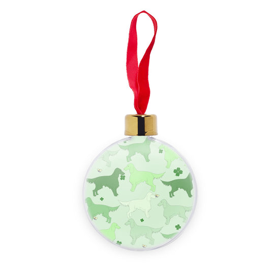 Christmas bauble with The Irish Setter edition of the Rainbow Dogs design series by Figg-Arnold Fine Arts. This edition has been designed with a subtle St Patricks Day theme and features cute shamrocks on a funky, green palette. 