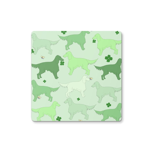 Coasters with The Irish Setter edition of the Rainbow Dogs design series by Figg-Arnold Fine Arts. This edition has been designed with a subtle St Patricks Day theme and features cute shamrocks on a funky, green palette. 