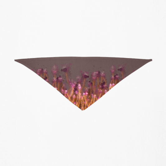 Autumn Field Pet Bandana by Figg-Arnold Fine Arts. Mainly mauve with purple flowers and orange steam.