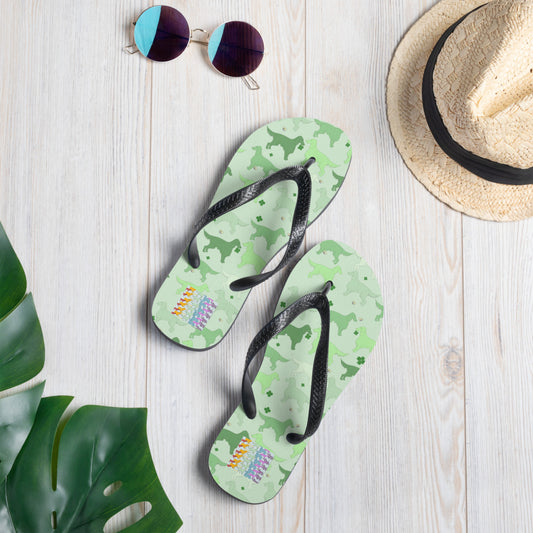 Flip-flops in the Irish Setter edition of the Rainbow Dogs design series by Figg-Arnold Fine Arts. This edition has been designed with a subtle St Patricks Day theme and features cute shamrocks on a funky, green palette. 