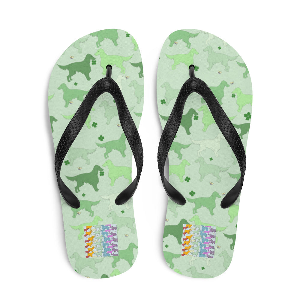 Flip-flops in the Irish Setter edition of the Rainbow Dogs design series by Figg-Arnold Fine Arts. This edition has been designed with a subtle St Patricks Day theme and features cute shamrocks on a funky, green palette. 