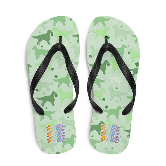 Flip-flops in the Irish Setter edition of the Rainbow Dogs design series by Figg-Arnold Fine Arts. This edition has been designed with a subtle St Patricks Day theme and features cute shamrocks on a funky, green palette. 